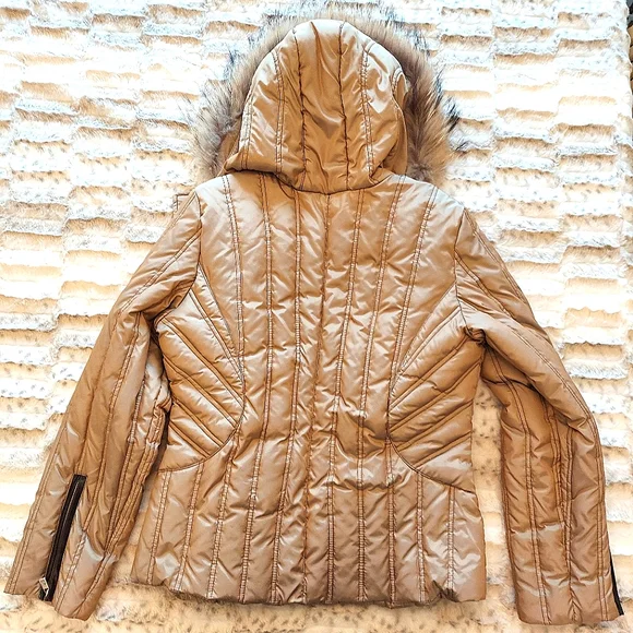 Women's Michael Kors down blend fur trimmed gold hooded puffer jacket SZ… - Picture 6 of 13